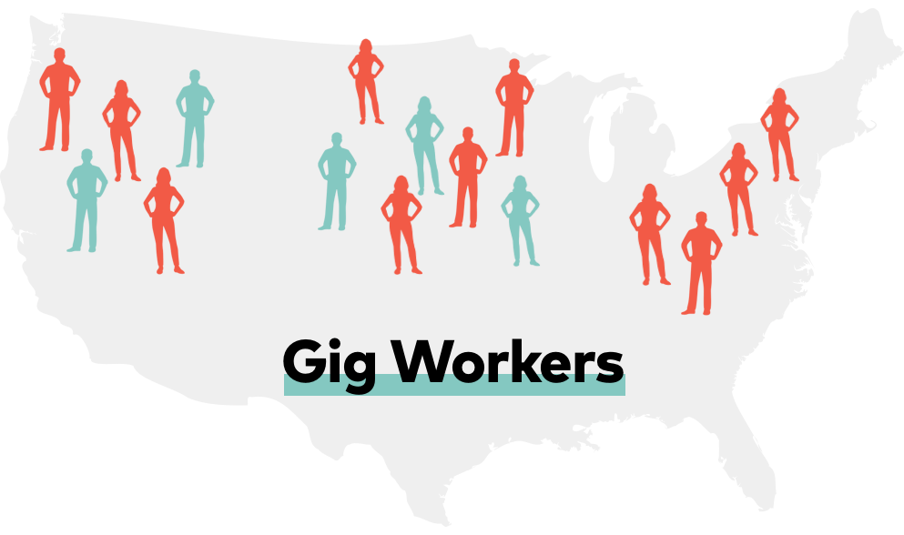 Map of the U.S. showing proportion of "traditional workers" and "gig workers"