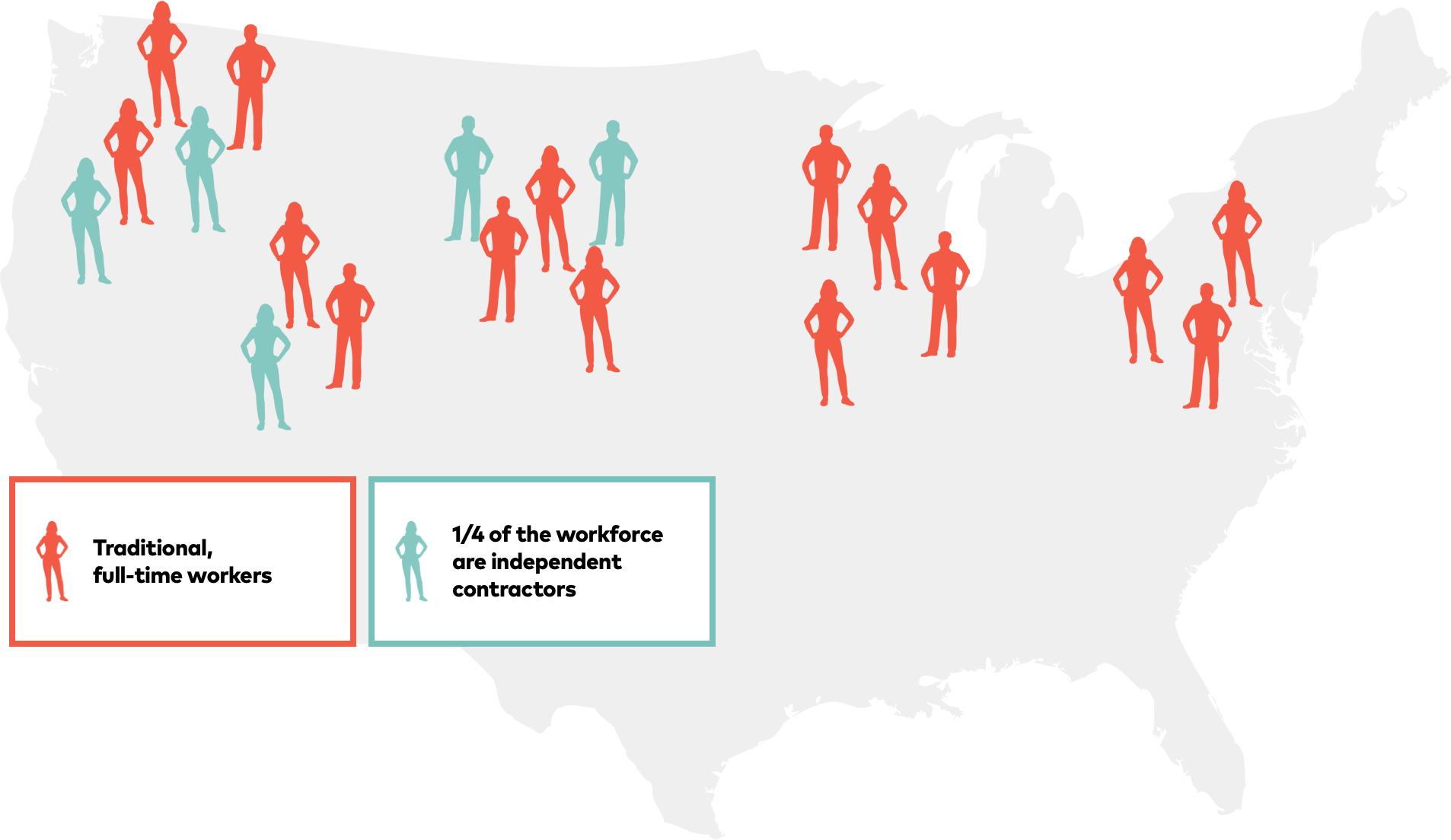 Map of the U.S. showing proportion of "traditional workers" and "gig workers"