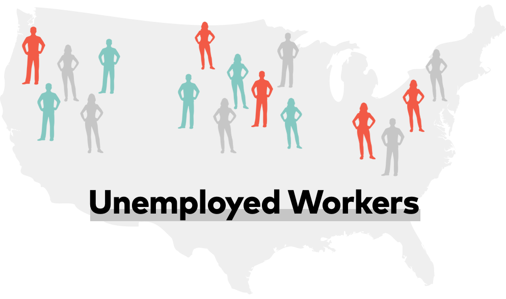 Map of the U.S. showing proportion of "gig workers", "traditional workers" and "unemployed workers"