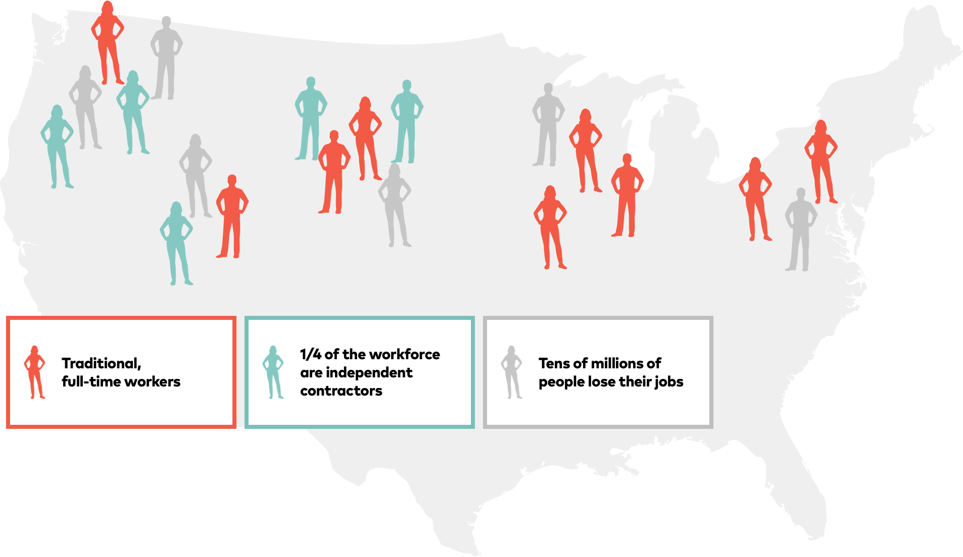 Map of the U.S. showing proportion of "gig workers", "traditional workers" and "unemployed workers"