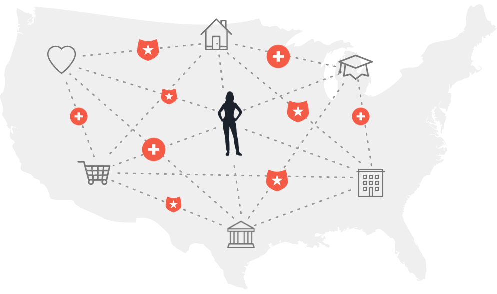 Map of the U.S. with worker at the center within a network of relationships, with benefits weaved throughout the network