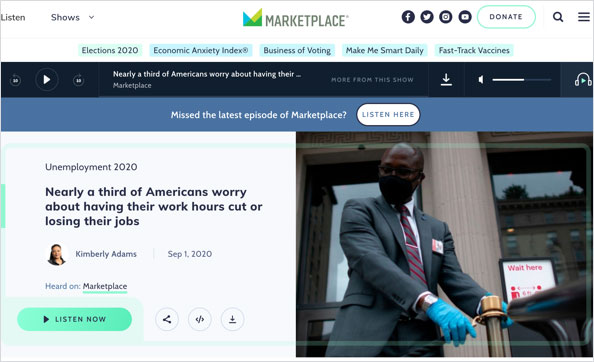 Marketplace article screenshot - 1/3 of Americans are worried about their job security
