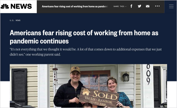NBC news article screenshot, Americans fear rising cost of working from home amidst the pandemic