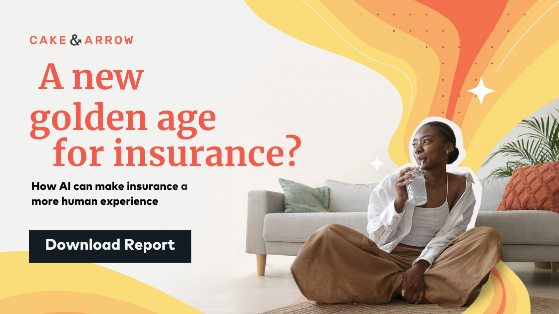 Woman sitting on floor drinking water and looking hopeful with golden aura emanating behind her. Also includes "A new golden age of insurance" and a button to download the report.