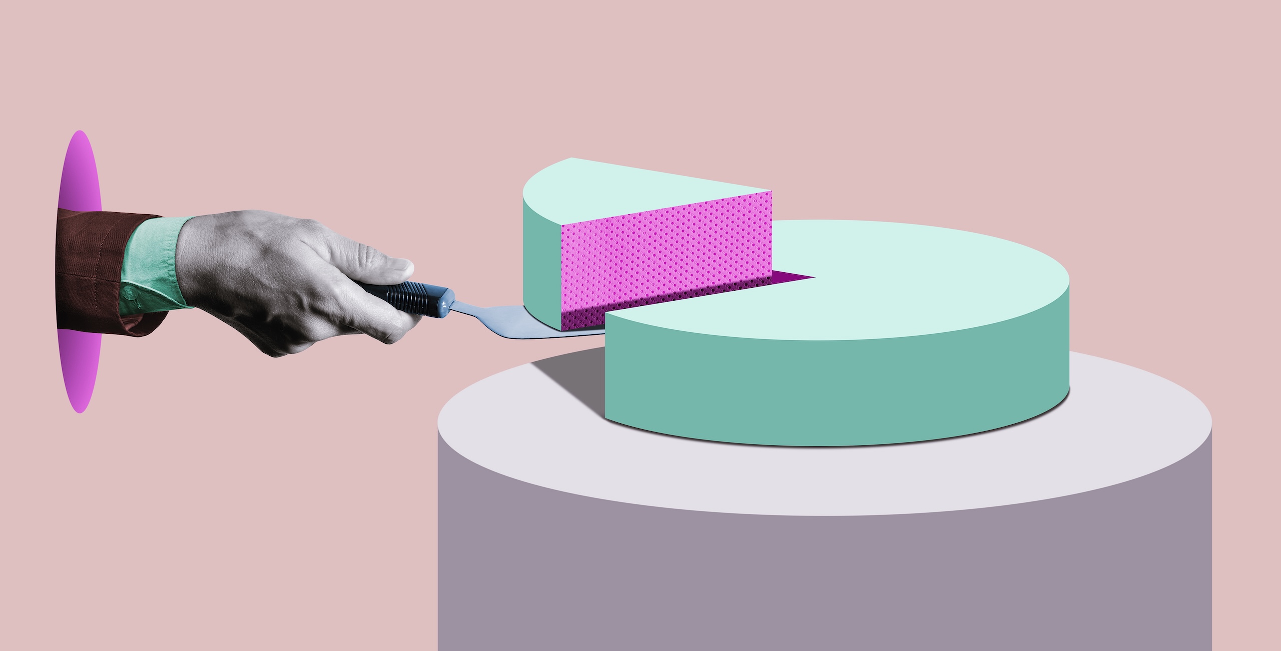 illustrated image of disembodied hand taking a slice out of a cake