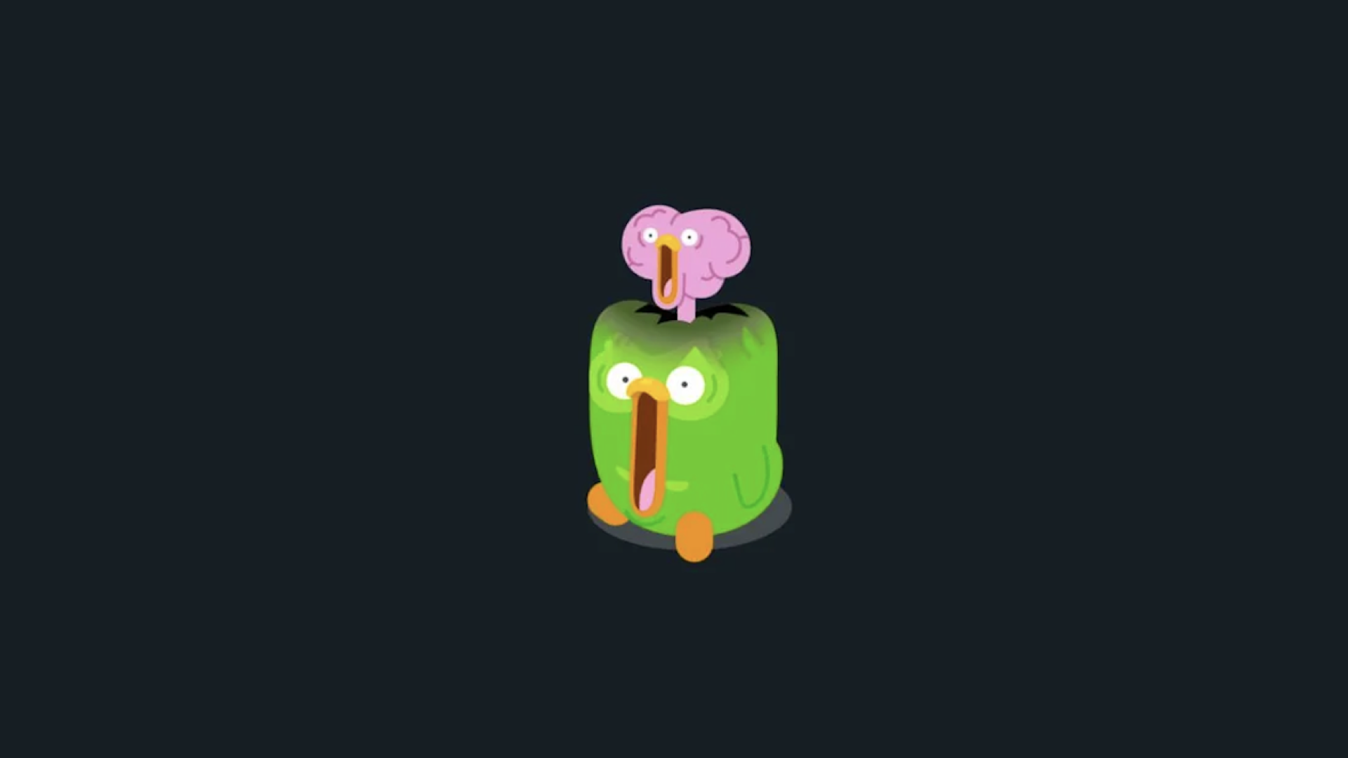 image of Duo of Duolingo fame with his mouth wide open and a brain coming out of his head, also with its mouth wide open set against a black back drop