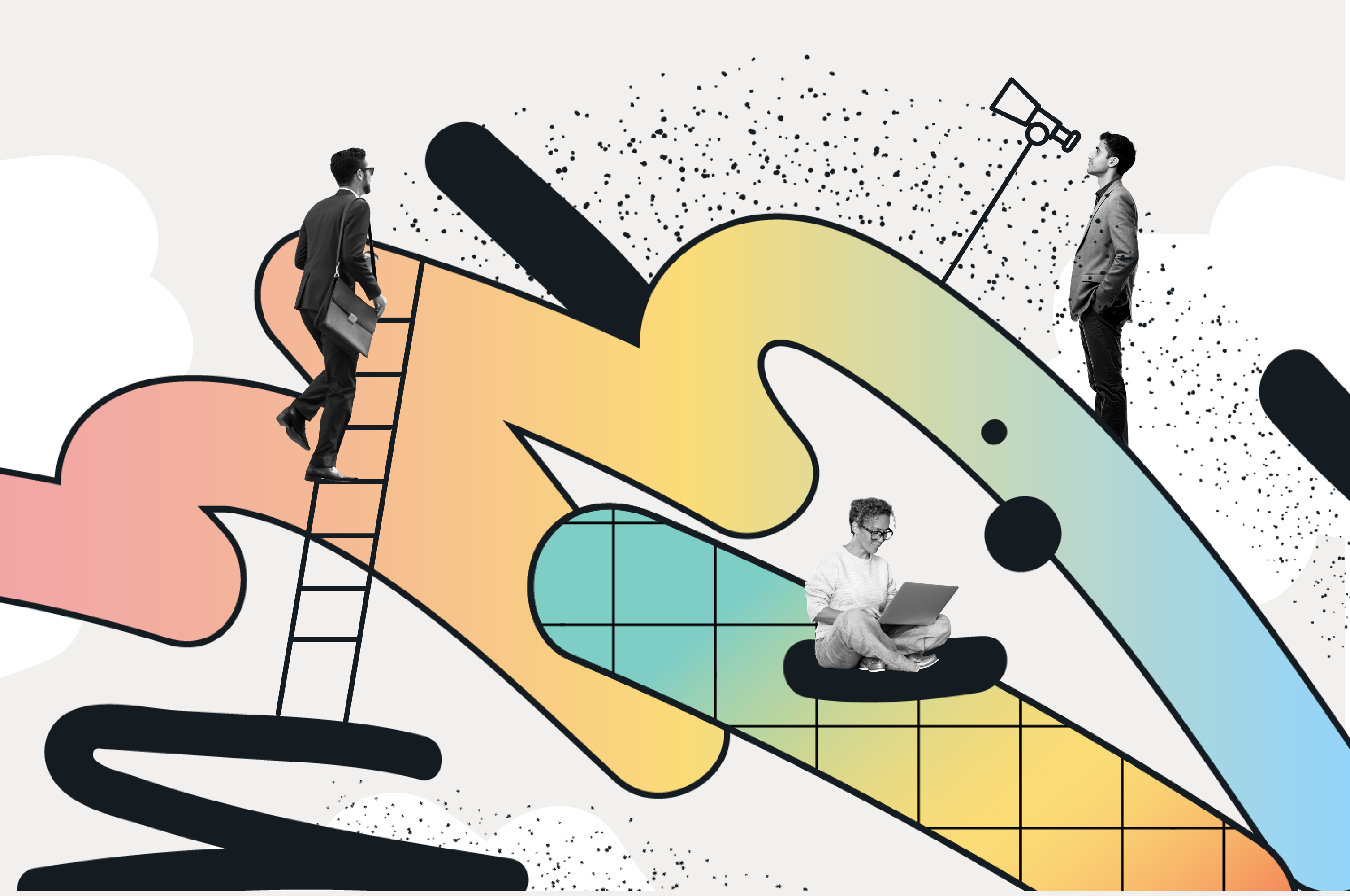 Illustration representing friction in insurance, with business professionals navigating layered, abstract system shapes—one climbing a ladder, one using a telescope, and another working on a laptop to symbolize collaboration and navigating complex insurance platforms.