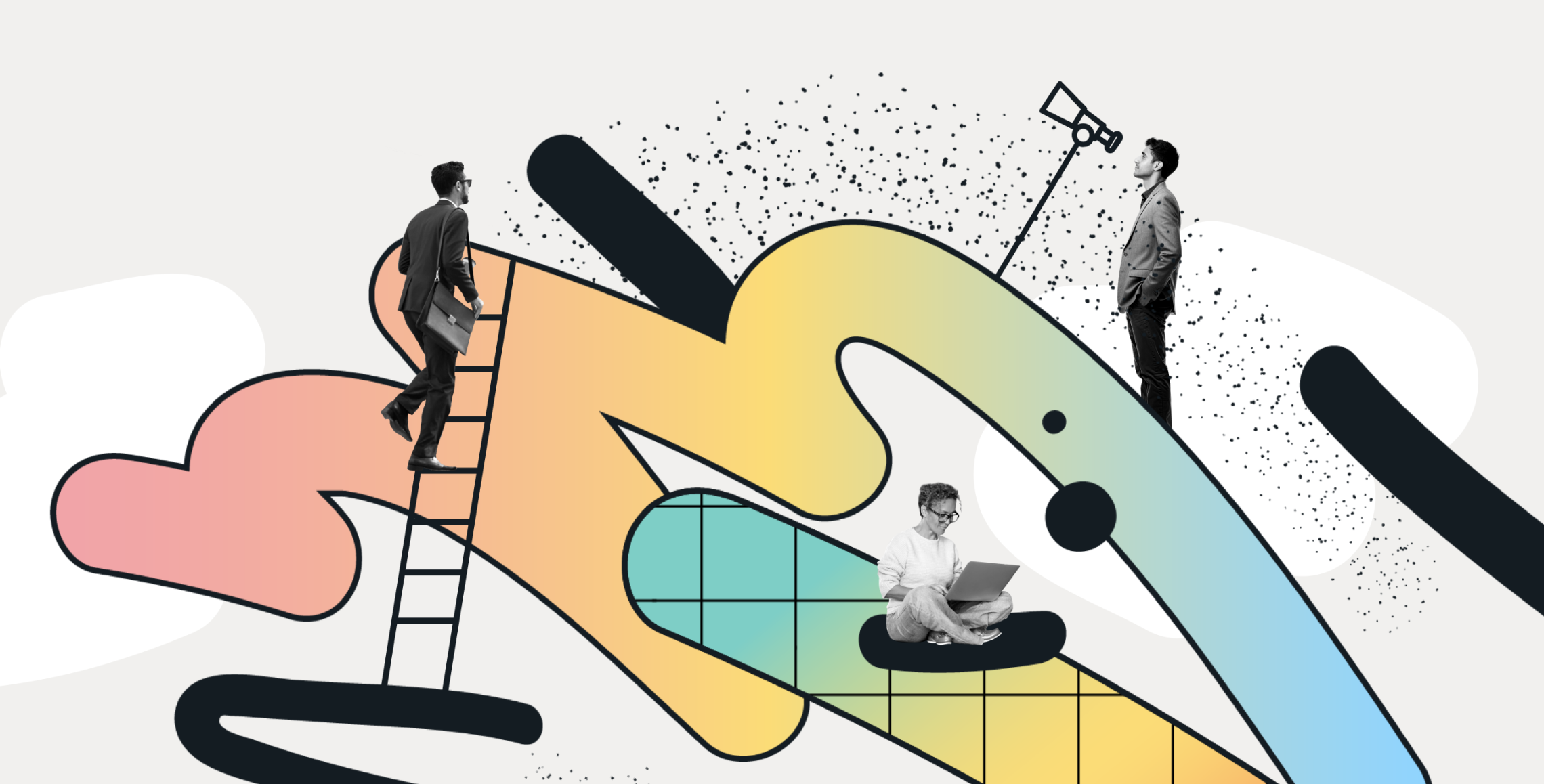 Illustration representing friction in insurance, with business professionals navigating layered, abstract system shapes—one climbing a ladder, one using a telescope, and another working on a laptop to symbolize collaboration and navigating complex insurance platforms.