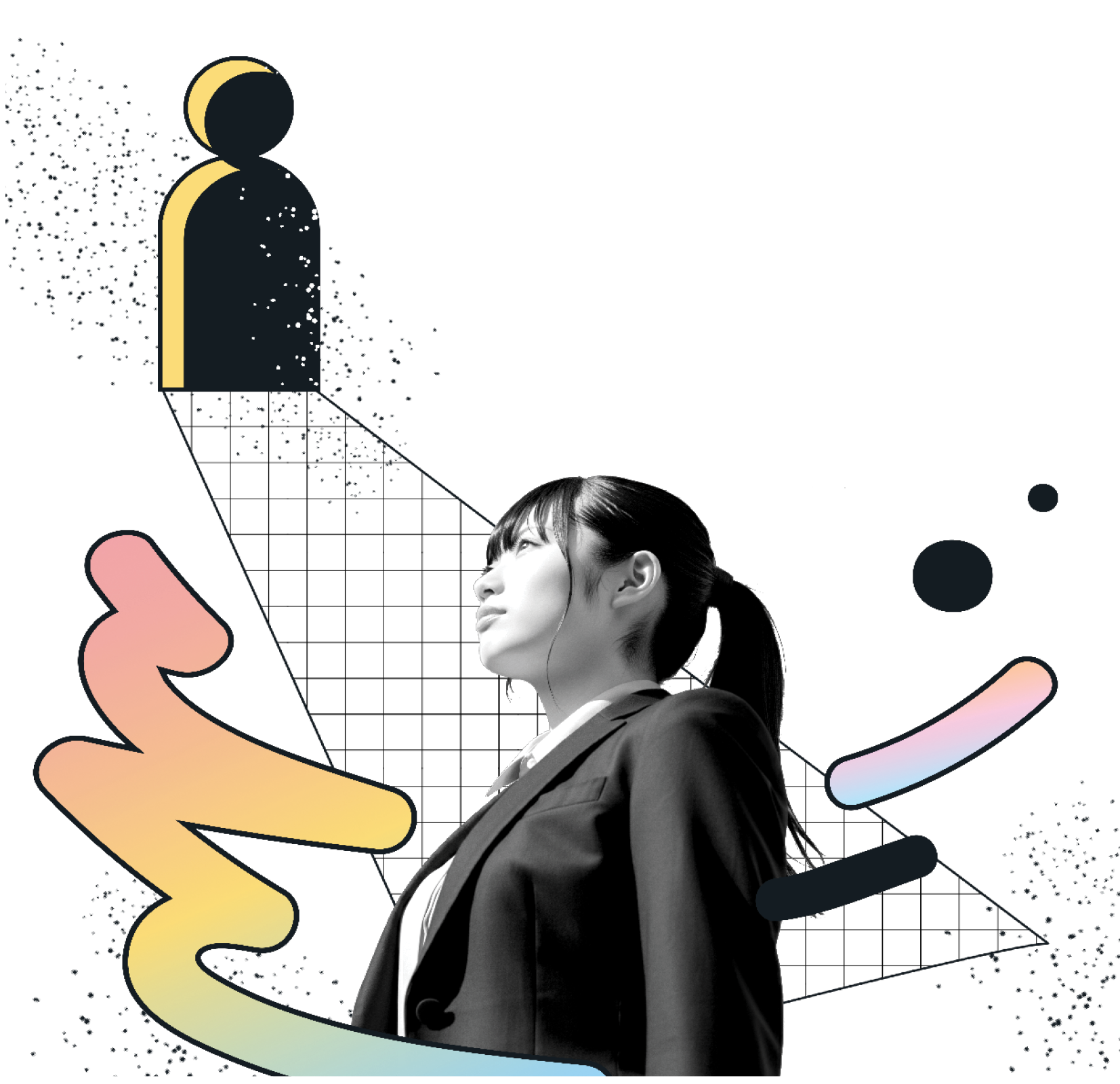 Business professional looking up at abstract user icon, illustrating role friction in insurance customer experience and digital transformation.