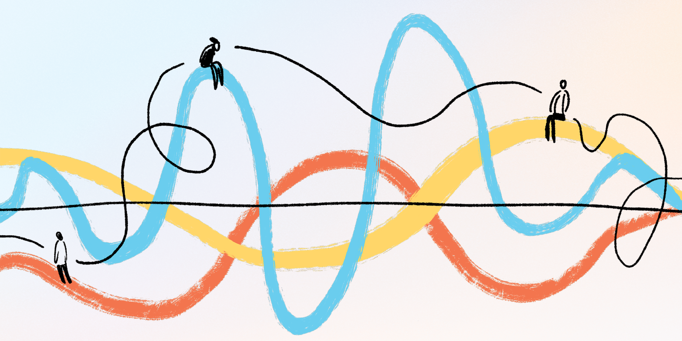Illustration for AI That Works for Insurance Agents and Brokers: three abstract, intersecting lines move across the image while hand-drawn figures navigate along them, representing the complexity of insurance workflows and the human role in AI-enabled work.