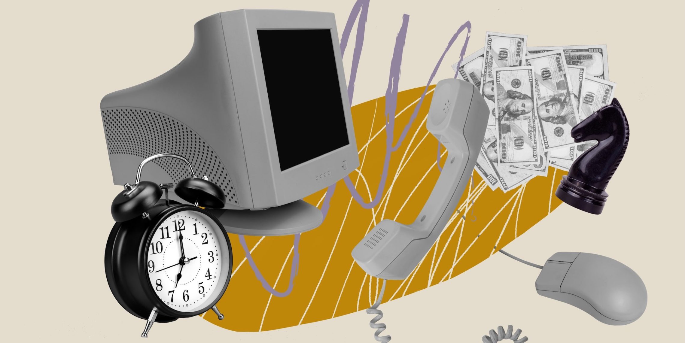 Collage of a computer, telephone, alarm clock, mouse, money, and chess piece representing the tools, pressures, and realities of work in insurance.