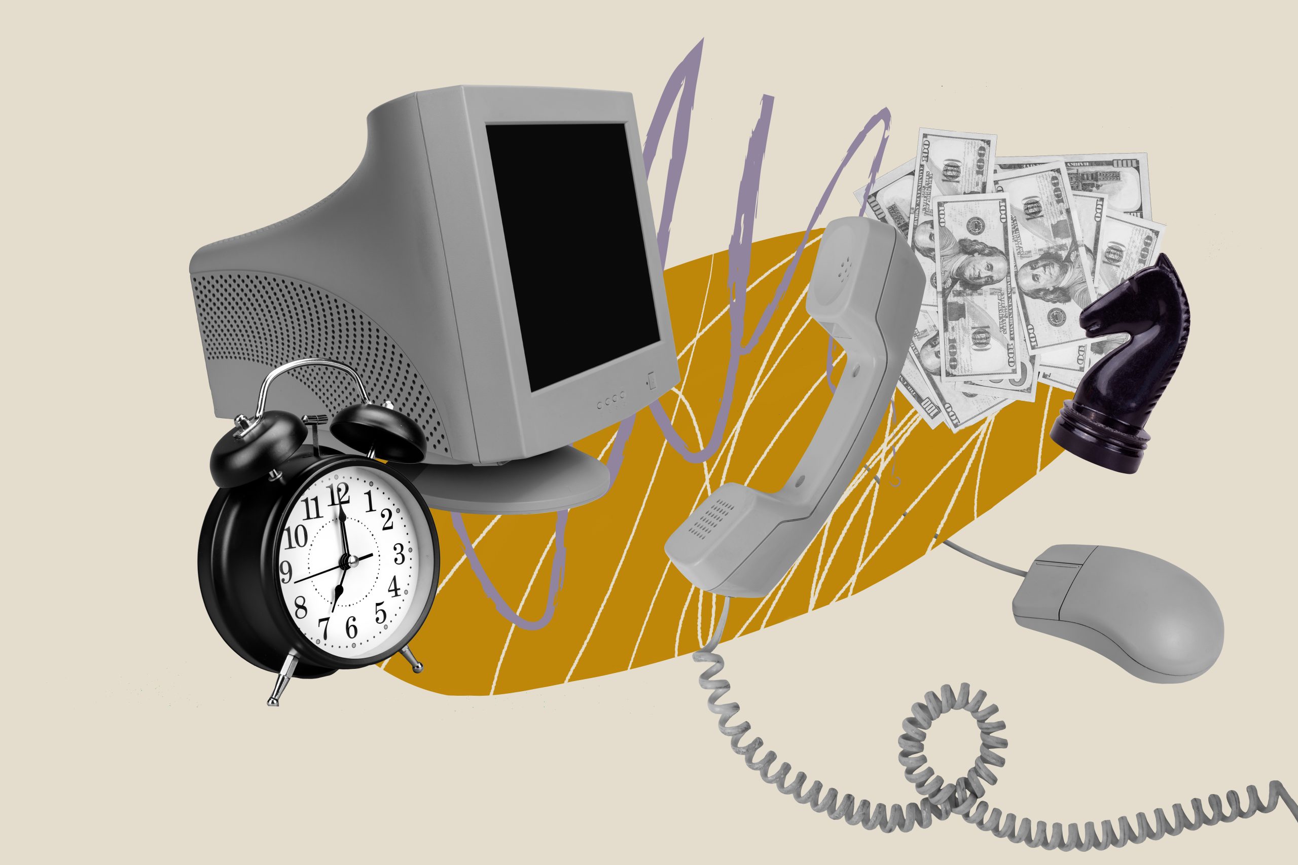 Collage of a computer, telephone, alarm clock, mouse, money, and chess piece representing the tools, pressures, and realities of work in insurance.